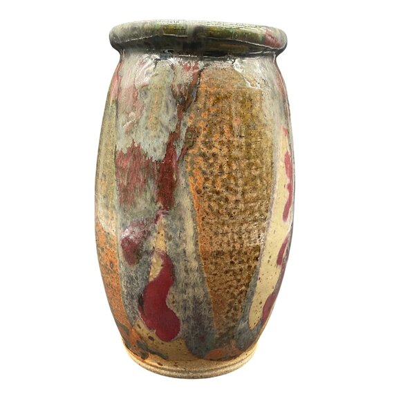 Handcrafted Multicolor Ceramic Vase With Abstract Glaze Pattern 8"H x 5"W - Picture 4 of 6